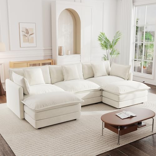 Modular Sectional Sofa, 111.5 Inch U Shaped Couch Set for Living Room, 3-Seater Comfy Cloud Couches with Movable Ottoman, DIY Combination, Chenille, Beige - color: Beige, size: 111.5 Inch- U