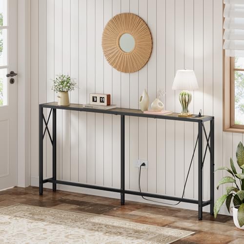 Gewudraw Narrow Console Table with Socket, Sofa Table Behind Couch | 55.1" Couch Table, Industrial Style, Long Skinny Design,For Hallway,Living Room,Bedroom, Built-In Outlets & USB,140cm Length - color: Light Grapefruit, size: 55.1 in