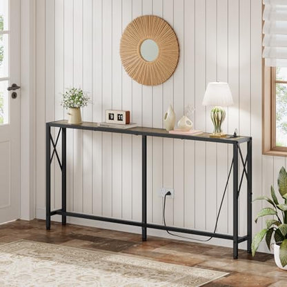 Gewudraw Narrow Console Table with Socket, Sofa Table Behind Couch | 55.1" Couch Table, Industrial Style, Long Skinny Design,For Hallway,Living Room,Bedroom, Built-In Outlets & USB,140cm Length - color: Light Grapefruit, size: 55.1 in