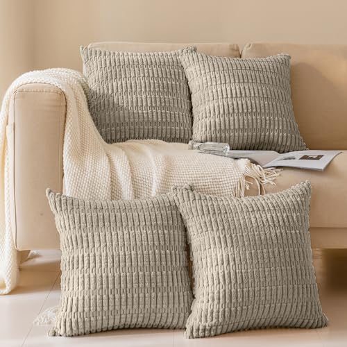 Softalker Throw Pillow Covers 20x20 Inch, Set of 4, Corduroy Soft Striped Farmhouse Boho Pillow Cover, Modern Decorative Cushion Pillow Case for Couch Sofa Bedroom Living Room, Taupe - color: Taupe, size: 20" x 20" (Pack of 4)