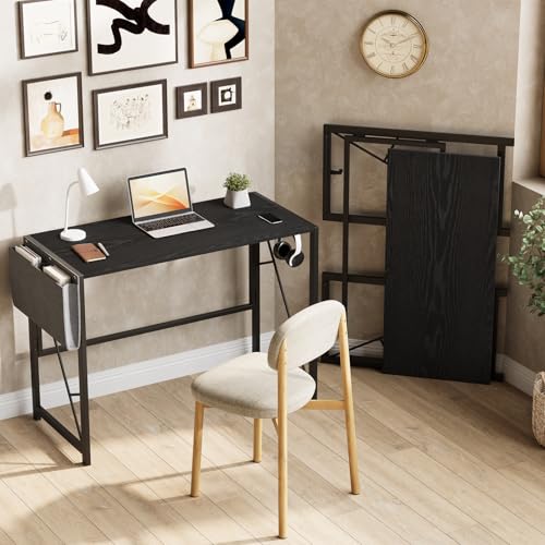 Garvee 39.4" Folding Computer Desk, Home Office Desk with Headphone Hook | Foldable Table with Storage Bag, Writing Work Desks for Small Spaces, Bedroom, Apartment, Easy to Fold, Black - color: Black, size: 39.4"W x 15.7"D