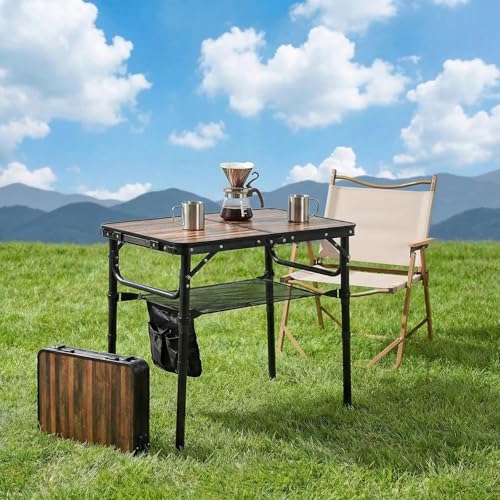 Small Folding Camping Table, 2ft Portable Picnic Table Aluminum 24" x 16" Folding Table, 3 Adjustable Heights Portable Lightweight Table Dining Table for RV, Picnic, Beach (Wood Grain) - color: Wood Grain