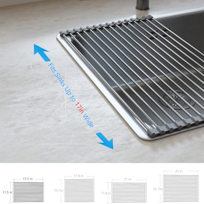 Tomorotec Roll Up Dish Drying Rack Over Sink, SUS304 Steel, 17.7x11.5,Gray | Heat Resistant to 550°F With Non-Slip Silicone Grips, Multipurpose Trivet for Hot Pots, Dishwasher Safe - size: 17.7" x 11.5"