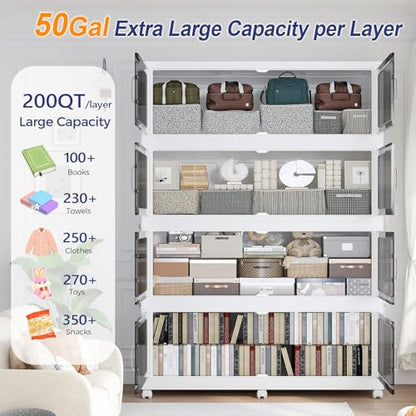 200Gal Extra Large Stackable Storage Bins with Lid, 800QT Foldable Collapsible Storage Box with Doors and Wheels, Plastic Closet Organizers Container Drawer for Bedroom Dorm Kitchen, 4Pack - size: 50Gal-4Pack