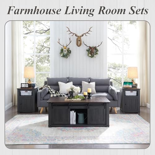 IFGET 48" Lift Top Coffee Table, Farmhouse Cocktai with Sliding Groove Barn Door, Rustic Wood Center Table w/Double Storage Spaces for Living Room, Dark Grey - color: Dark Grey