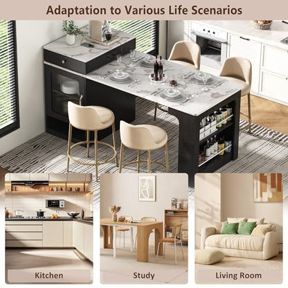 59.5" Kitchen Island with Extendable Dining Table, Kitchen Storage Table with Double-Sided Storage & 2 Drawers, Power Outlet, Side Open Shelves, for Dining Room (Black3) - color: Black3