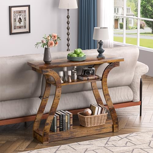 Wood Console Table, 3-Tier Accent Sofa Table (Rustic Brown) | 47" Entry Table with Curved Legs, 3-tier Shelf Modern Accent Sofa Table for Entrance Area, Living room, Hallway - color: Rustic Brown