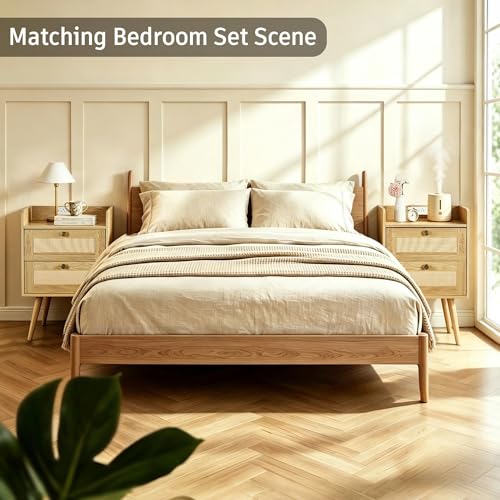 Rattan Nightstands Set of 2, Boho Bedside Table with 2 Drawers | Rattan Nightstand with Charging Station, Open Storage End Tables for Bedroom, Small Spaces and Dorm, Solid Wood Legs, Natural - color: Natural Wood