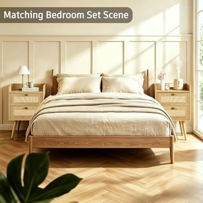 Rattan Nightstands Set of 2, Boho Bedside Table with 2 Drawers | Rattan Nightstand with Charging Station, Open Storage End Tables for Bedroom, Small Spaces and Dorm, Solid Wood Legs, Natural - color: Natural Wood