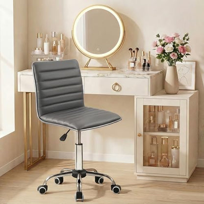 JUMMICO Armless Vanity Office Chair with Wheels, Small Cute Makeup Desk Chair Ribbed Leather Swivel Computer Task Chair (Gray) - color: Grey