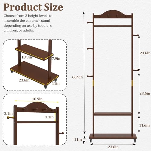 Solid Wood Clothing Rack, 2 Shelves Storage & 9 Hooks Heavy Duty Coat Rack Freestanding Wheels Clothes Rack Coat Tree Stand Hat Hanger Rack for Home Corner, Walnut - color: Walnut, size: M(L: 23.6" x W: 11" x H: 67")