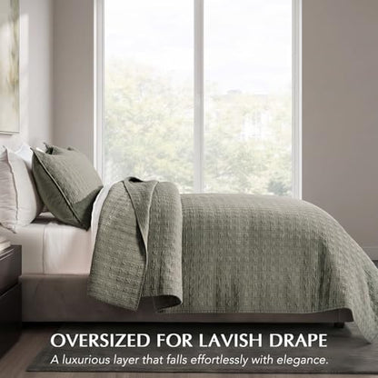 EVERGRACEHOME Cotton Sateen Windowpane Quilt Set King Size, Stone Sage | 100% Cotton, Pre-Washed Soft Coverlet Bedspread, 3-Piece Lightweight Bedding Set for All Season, with 2 Pillow Shams - color: Stone Sage (Grayish Green) - Windowpane, size: King (110