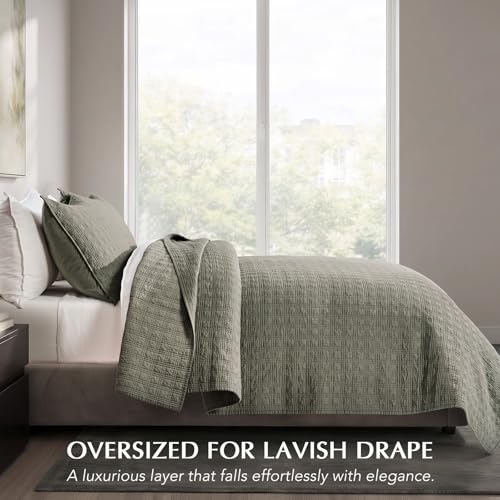 EVERGRACEHOME Cotton Sateen Windowpane Quilt Set Queen Size, Stone Sage | 100% Cotton, Pre-Washed Soft Coverlet Bedspread, 3-Piece Lightweight Bedding Set for All Season, with 2 Pillow Shams - color: Stone Sage (Grayish Green) - Windowpane, size: Full/Que