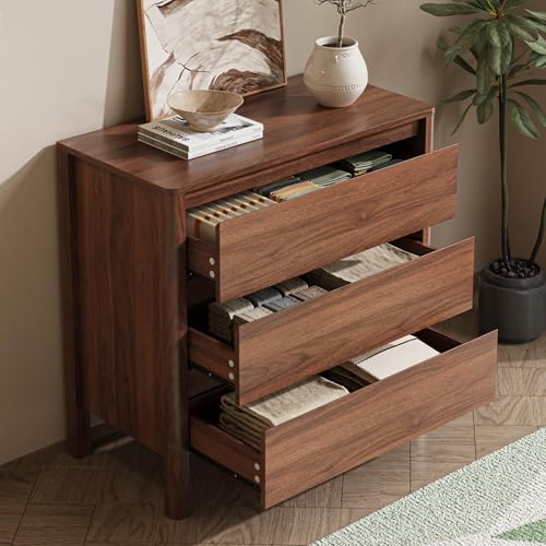 MAISONARIA Walnut 3-Piece Dresser Bedroom Set, 8 Drawers Dresser & 3 Drawer Nightstands with Hidden Handles, Wood Chest of Drawers for Bedroom, Living Room, Entryway - color: Walnut, size: 8+3