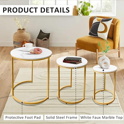 AT-VALY Nesting Tables Coffee Table Set of 3,Round Side Table Small Accent Table for Living Room,Bedroom Apartment (Gold) - color: Gold, size: 20.5 Inch