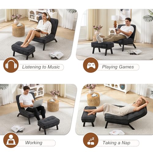 ANJ Accent Chair Set of 2 with Ottoman Adjustable Backrest, Black Tufted Upholstered Lounge Chairs with Footrest, Modern Cozy Reclining Chair Set for Living Room Bedroom Apartment - color: Black, size: 2