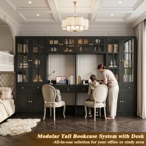 Besiost Farmhouse Desk with Bookcase, Desk with Glass Hutch & Drawers | Writing Desk with Storage Display Cabinet for Home Office/ Kitchen Pantry/ Bedroom, Black (55.2" L × 11.8” D × 80" H) - color: Black, size: 55.2"