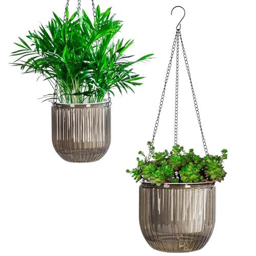 Josteve 5.2/8.2 Inch 2 Pcs Self Watering Hanging Planter Indoor Plant Pots Drainage Holes, Outdoor Small Hanging Planters Flower Pot Basket, Visible Water Level, Plant Hanger Home Decor, Gardening - color: Gray, size: 2*5.2/8.2 inch