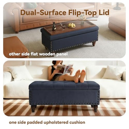 42'' End of Bed Storage Bench with Dual-Surface Lid, Upholstered Ottoman with Hidden Storage, Chenille Bench Seating with Wood Panel Seat for Entryway,Living Room,Bedroom-Blue - color: 4-blue
