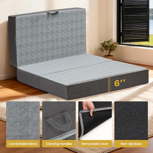 Tri Folding Mattress Twin Size - 6 Inch Dual-Layer Memory Foam Foldable Mattress Portable Futon Sofa Bed with Removable Washable Cover, Handle & Non-Slip Bottom for Guest, Camping, RV, Yoga, Home Use - size: Tw"