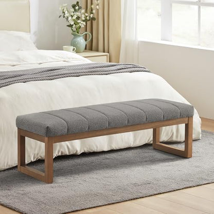Zihanhome 52.7" Bedroom Bench for End of Bed, Modern Upholstered Teddy Fabric Entryway Bench & Dining Bench, Footrest Stool Bench with Solid Wood Frame for Bedroom, Living Room (Light Grey) - color: Light Grey