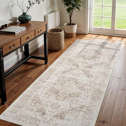 3x8 Washable Runner Rug: Vintage Medallion Kitchen Soft Rugs IvoryBeige | Non Slip Pet Friendly Water Resistant Low Pile Design Easy Clean Durable for Entryway Hallway and Indoor High Traffic Areas - color: Ivory/Beige, size: 3x8