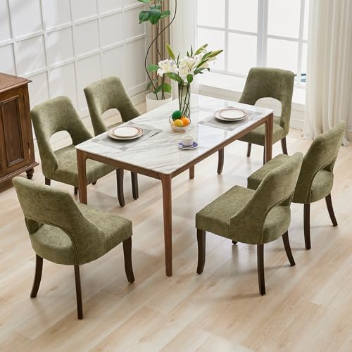 UVV Wooden Dining Chairs Set of 6, Mid Century Modern Chenille Upholstered Dining Room Chair Kitchen Chairs, Farmhouse Dinner Chair with Solid Wood Legs for Kitchen Dining Room, Green - color: Green, size: Set of 6