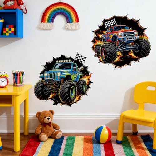 Monster Truck Through Wall Wall Decals, Wall Stickers Decor | 2 Sheets 11.8"x37.8" Vinyl Removable Peel and Stick Murals, Plant Decor for Bedroom, Bathroom, Office, Classroom & Home - style: Monster Truck Through Wall