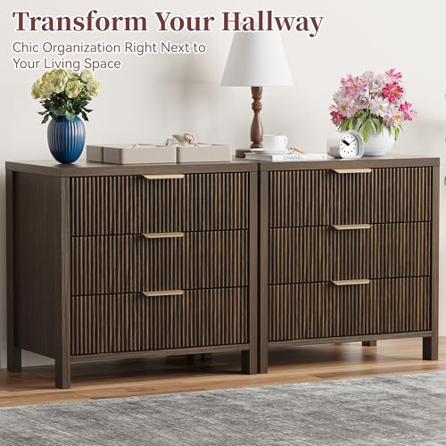 Fluted Nightstand, 23.7'' Wide Night Stand with 3 Drawers, Mid-Century Modern Bedside Table with Handles, Wood End Table for Bedroom, Brown - color: Brown