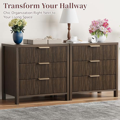 Fluted Nightstand, 23.7'' Wide Night Stand with 3 Drawers, Mid-Century Modern Bedside Table with Handles, Wood End Table for Bedroom, Brown - color: Brown