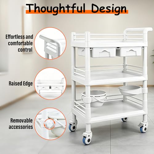 3-Tier Medical Mobile Trolley Cart, Rolling Esthetician Utility Cart | 330 Lbs Heavy Duty, with Drawers, Dirt Buckets & Bowl, 360° Rotate Lockable Wheels for Hospital, Dental Clinic, Beauty Salon - size: wide 28 in