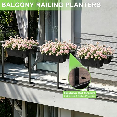 Railing Planter Box Adjustable Window Boxes Planters Set of 2, Black | Hanging Balcony Planters with Removable Bracket, Outdoor Plastic Flower Pots for Fence, Deck Railing, Porch, Patio Garden - color: Black