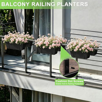 Railing Planter Box Adjustable Window Boxes Planters Set of 2, Black | Hanging Balcony Planters with Removable Bracket, Outdoor Plastic Flower Pots for Fence, Deck Railing, Porch, Patio Garden - color: Black