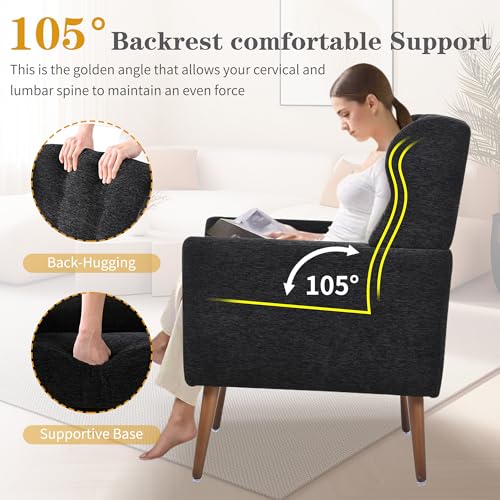 Accent Chair Set of 2, Upholstered Armchair with Pillow, Fabric Single Sofa Chair with Lounge Seat and Wood Legs Accent Chair for Living Room Small Spaces (Black, Set of 2) - color: Black, size: Set of 2