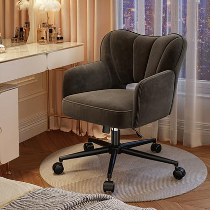 DurayLoly Velet Vanity Chair with Wheels & Shell Back | 360° Swivel Desk Chair,Adjustable Height,Stylish and Comfortable for Makeup, Work & Relaxation,Black - color: Black