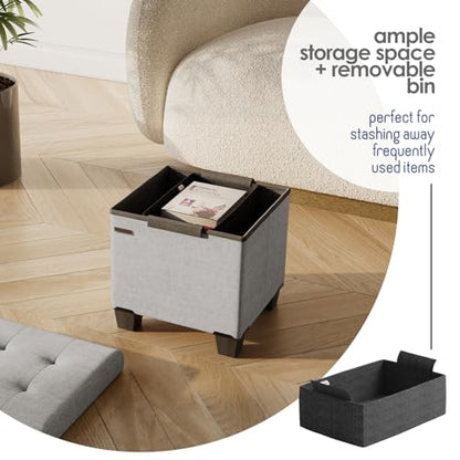 Storage Ottoman Cube with Small Bin, 15-in Square Ottoman with Storage for Living Room and Bedroom, Small Ottomans Foot Rest, Fabric Foot Stools Ottomans Max 330lbs, Light Grey - color: 01 - Light Grey