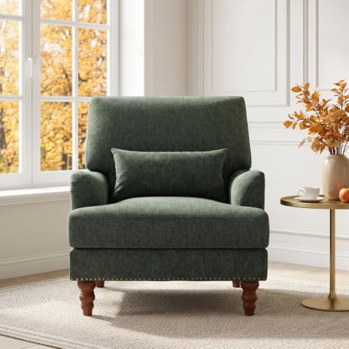 Mid-Century Modern Accent Chair with Lumbar Pillow, Green, 2 Pack | Upholstered Chenille Armchair, Solid Wood Frame & Legs, Comfy Reading Lounge Sofa for Living Room Bedroom, & Small Spaces - color: Chenille Green, size: 2 Seat