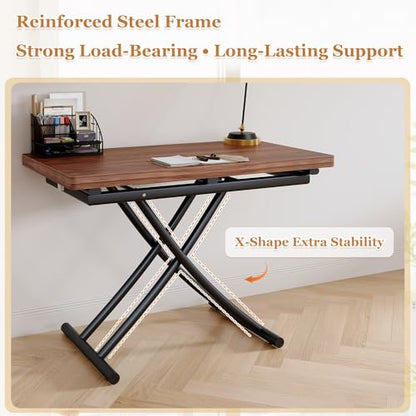 Adjustable Height Coffee Table, 4-in-1 Folding Dining Table, Walnut | Convertible lift top table for use as a coffee table, dining table, home office desk or vanity - color: Walnut & Black Legs