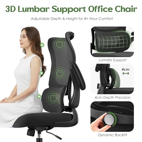 Office Chair Ergonomic Desk Chair - Comfy Mesh High Back Office Chair with Lumbar Support Wheel Home Desk Office Chairs Flip up Armrest Executive Rolling Swivel Task Computer Chair Black Silver - color: Black Silver