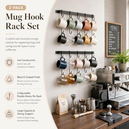 17" Coffee Mug Hook Rack Wall Mounted Set of 2 | Black Metal Tea Cup Holder Hanger Organizer 10 Hooks, Kitchen Rail Utensil Rack for Dining Room Coffee Bar