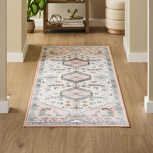 Haven Modern Medallion Machine Washable Area Rug with Airflo Technology for Easy Clean, Ultra-Soft Non-Slip Rug with Built-in Pad, Pet, Family & Allergy Friendly Rug, Blush, 2'6"x7' - color: Blush Medallion, size: 2'6" x 6'11" (Rectangular)