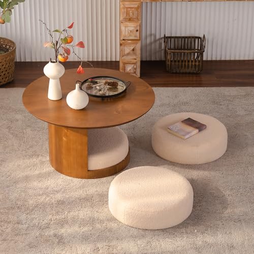 31.5" Round Coffee Table with 3 Teddy Fabric Nesting Stools, Rustic Farmhouse Multifunctional Center Table Set with Hidden Storage, Tea Table for Living Room, Easy Assembly - Walnut - color: 31.5" Coffee Table With 3 Nesting Stools