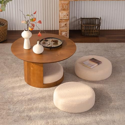 31.5" Round Coffee Table with 3 Teddy Fabric Nesting Stools, Rustic Farmhouse Multifunctional Center Table Set with Hidden Storage, Tea Table for Living Room, Easy Assembly - Walnut - color: 31.5" Coffee Table With 3 Nesting Stools
