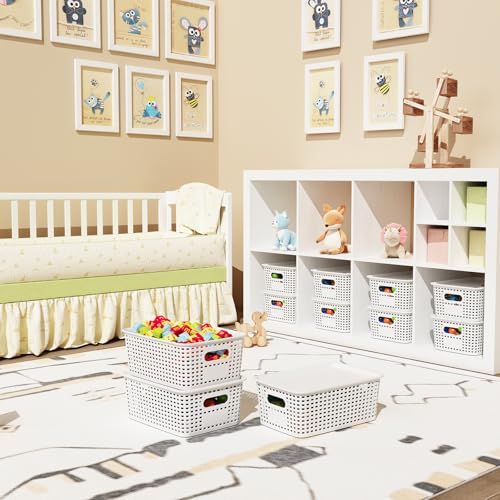 ORGIDOL Plastic Storage Basket with Lids 12 Pack Stackable Storage Bins Containers with Lid, Decorative Storage Boxes for Organizing Shelves, Drawers, Playroom, Classroom, Office, Closet, White - color: White, size: 12 Pack