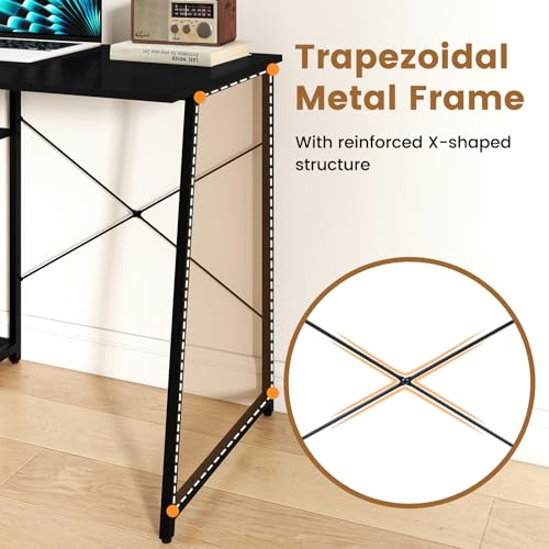 Tangkula Computer Desk with Shelves, Space Saving Home Office Desk with 3-Tier Ladder Shaped Storage Bookshelf, Modern Writing Study Desk with Metal Frame, Compact Computer Workstation (Black) - color: Black