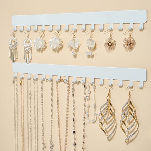 Extended Self-Adhesive Necklace Holder, Wall Mounted Jewelry Organizer for Necklaces, Earrings, Rings & Bracelets, No Drilling, Space-Saving, 2 Pack, White - color: White, size: 13.19 inch