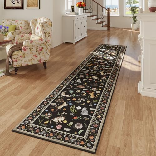 Rugcomf 2'7"x12' Kitchen Runner - Floral Cat Washable Long Hallway Runner Rug Non Slip, Boho Carpet for Entryway, Hall, Bathroom - Black - color: Black/Cat, size: 2'7" x 12' (Rectangular)