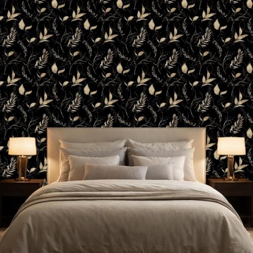 Dark Black and Gold Leaf Peel and Stick Wallpaper 17.7" x 70.8" | Self-adhesive removable waterproof leaf design for bedroom accent walls and renter friendly spaces - color: Black&Gold, size: 17.7" x 70.8"