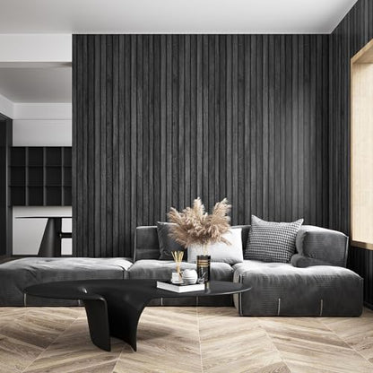 VEELIKE Charcoal Black Wood Slat Peel and Stick Wallpaper 24''x118'' Modern Wood Panel Look Contact Paper Waterproof Self Adhesive Slat Vinyl Wall Covering for Living Room Bedroom Office Accent Walls - color: Charcoal Black, size: 24" x 118"