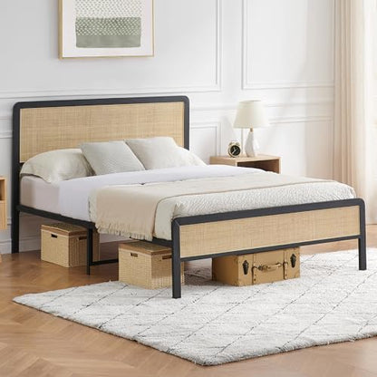 IDEALHOUSE Rattan Queen Size Bed Frame with Natural Rattan Headboard, Cane Boho Queen Size Platform Bed Frame,Natural Bed Frame No Box Spring Needed, Noise-Free, Easy Assembly(Black)